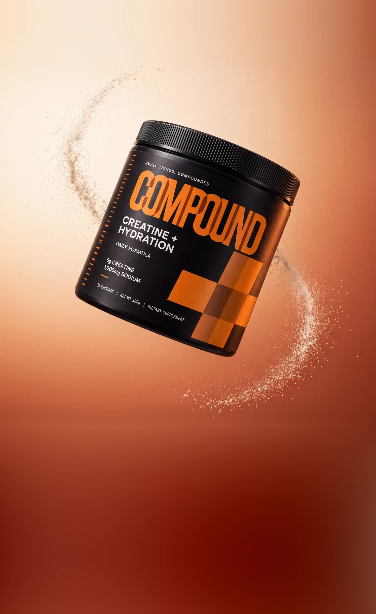 A tub of Compound Creatine + Hydration suspended in a swirl of powder